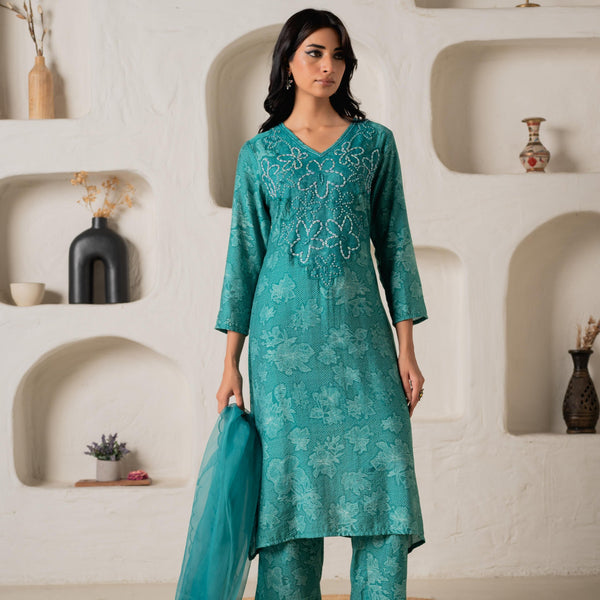 Juniper Green Floral Embellished A-Line Kurta Pant And Dupatta Set With Beads & Sequence Work