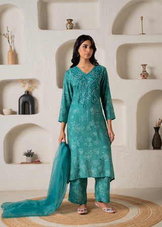 Juniper Green Floral Embellished A-Line Kurta Pant And Dupatta Set With Beads & Sequence Work