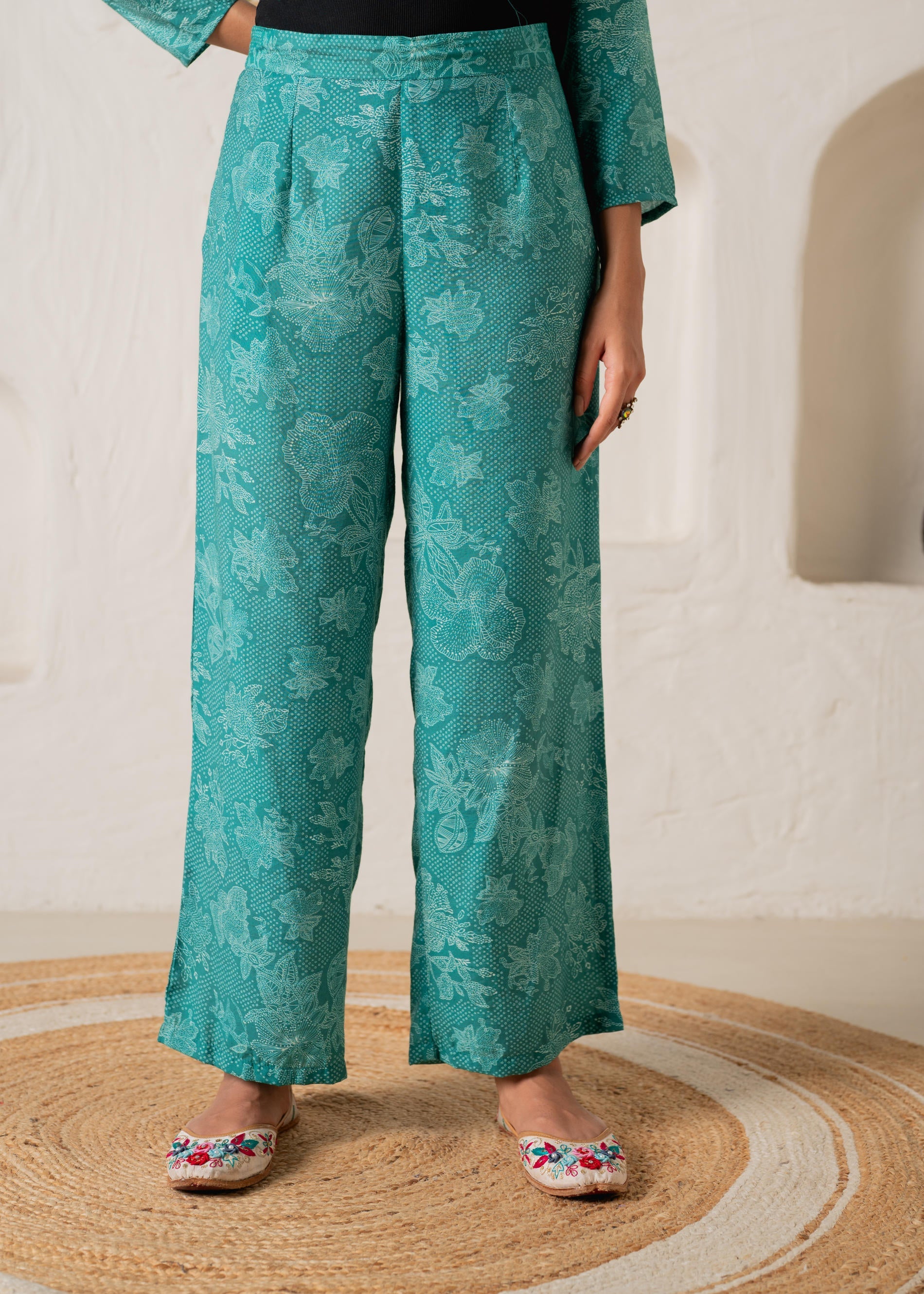 Juniper Green Floral Embellished A-Line Kurta Pant And Dupatta Set With Beads & Sequence Work