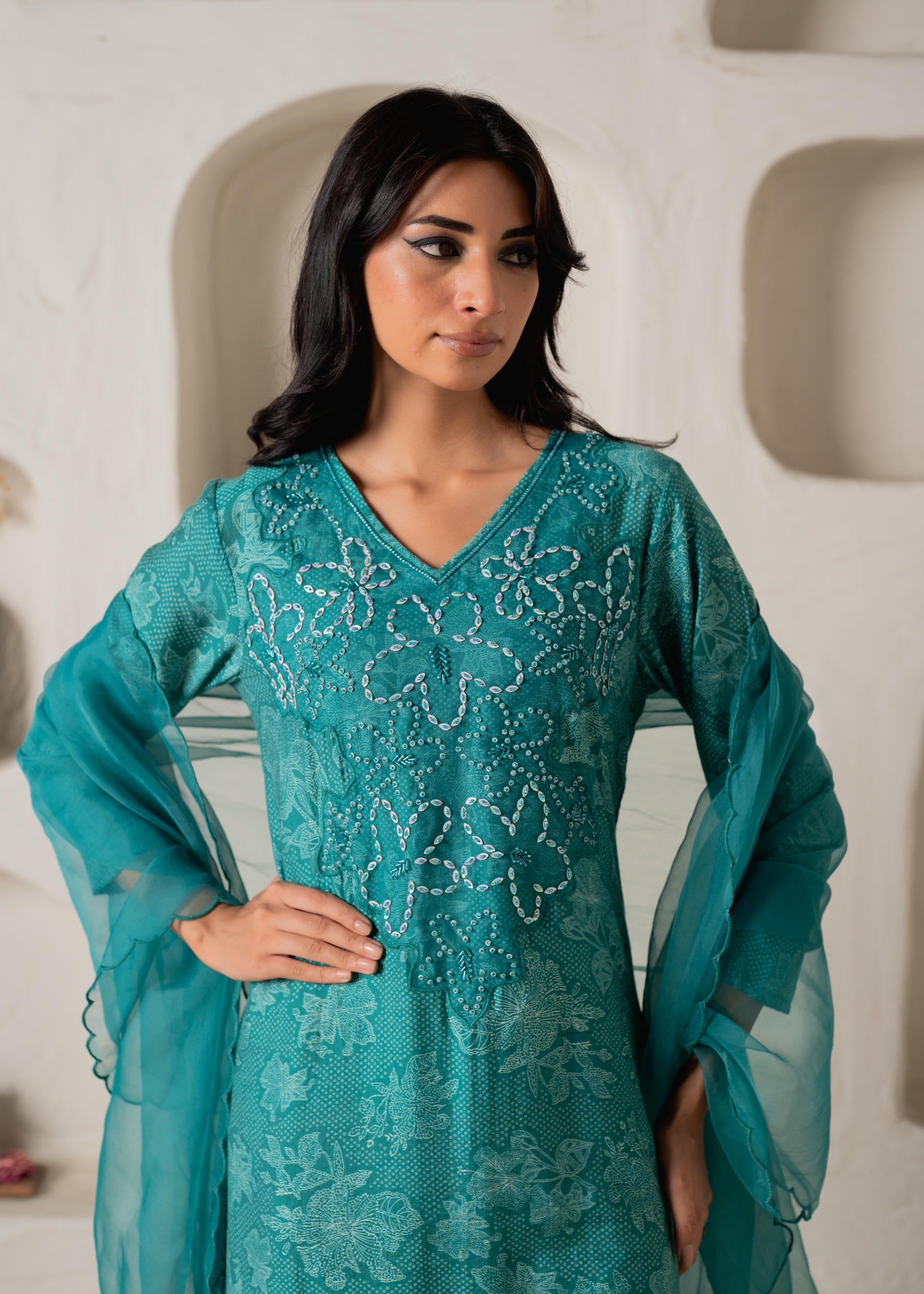 Juniper Green Floral Embellished A-Line Kurta Pant And Dupatta Set With Beads & Sequence Work