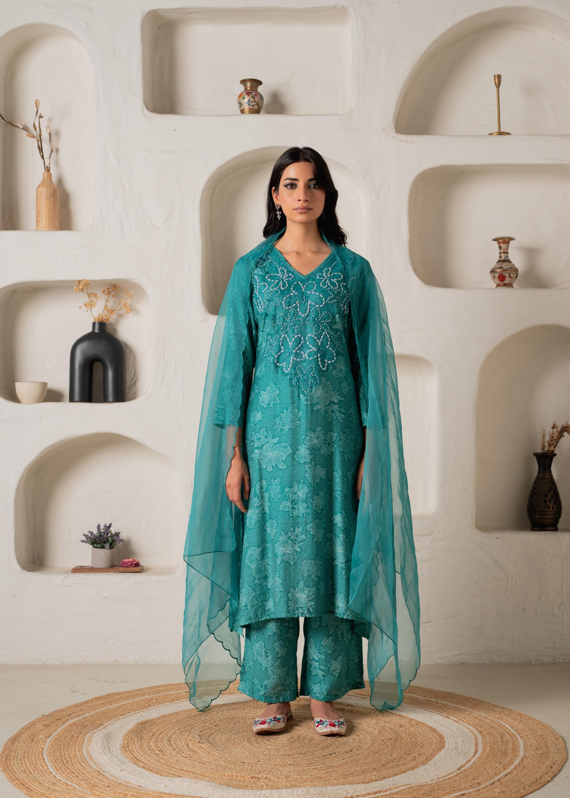 Juniper Green Floral Embellished A-Line Kurta Pant And Dupatta Set With Beads & Sequence Work