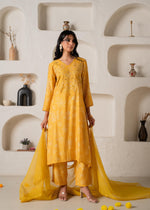 Thumbnail for Juniper Mustard Floral Embellished A-Line Kurta Pant And Dupatta Set With Beads & Sequence Work