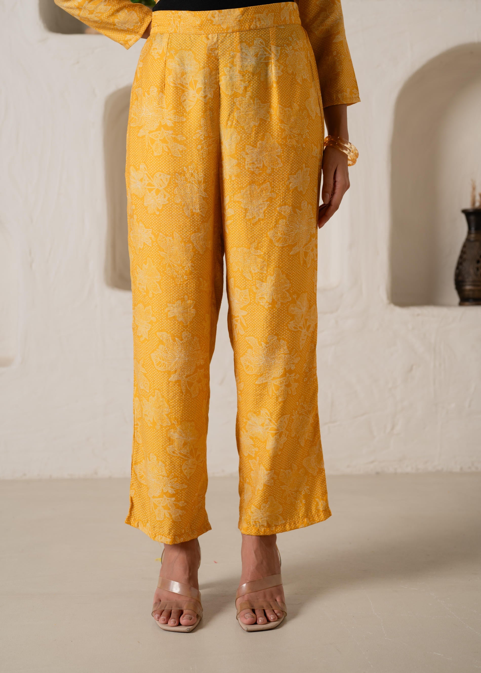 Juniper Mustard Floral Embellished A-Line Kurta Pant And Dupatta Set With Beads & Sequence Work