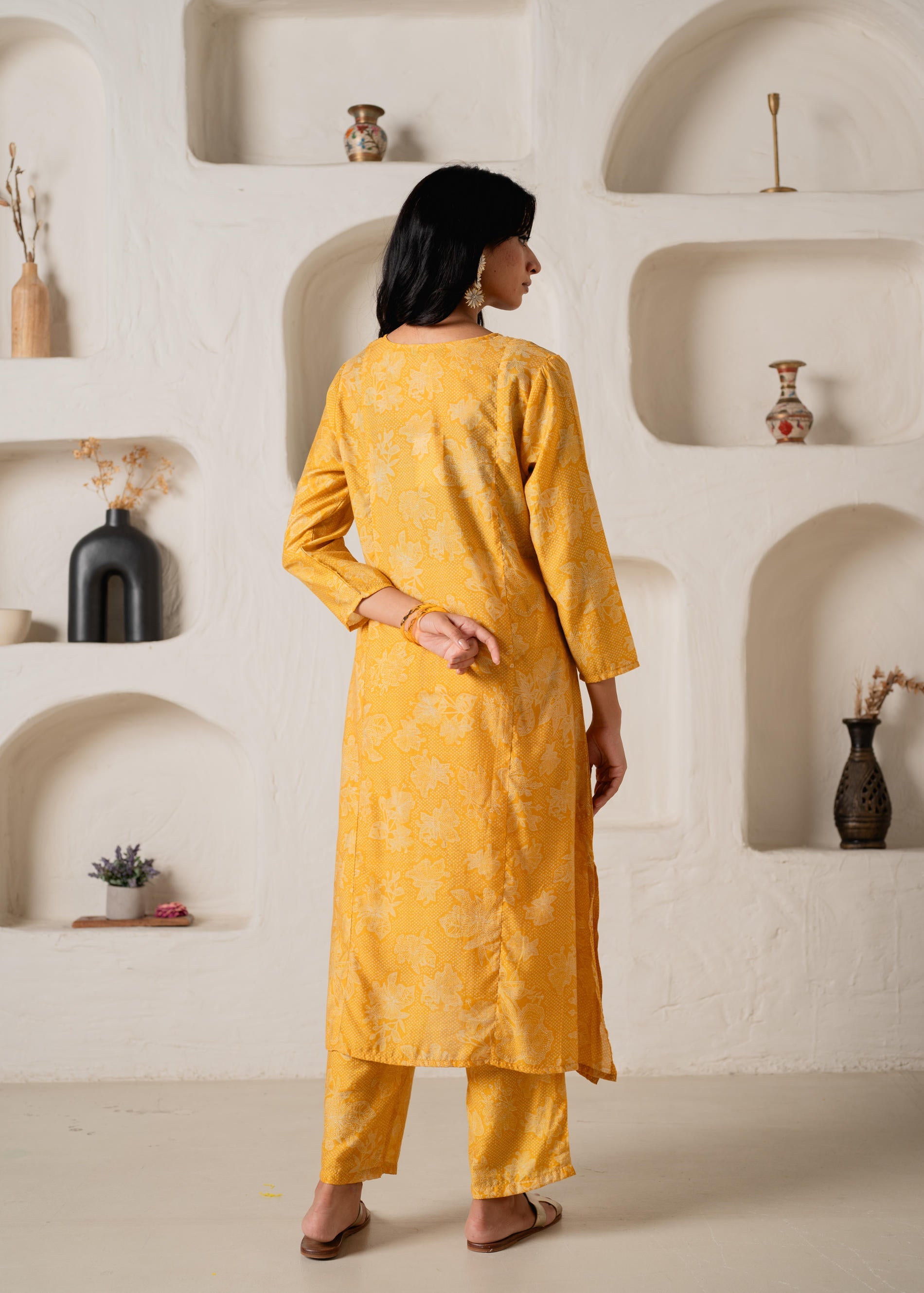 Juniper Mustard Floral Embellished A-Line Kurta Pant And Dupatta Set With Beads & Sequence Work