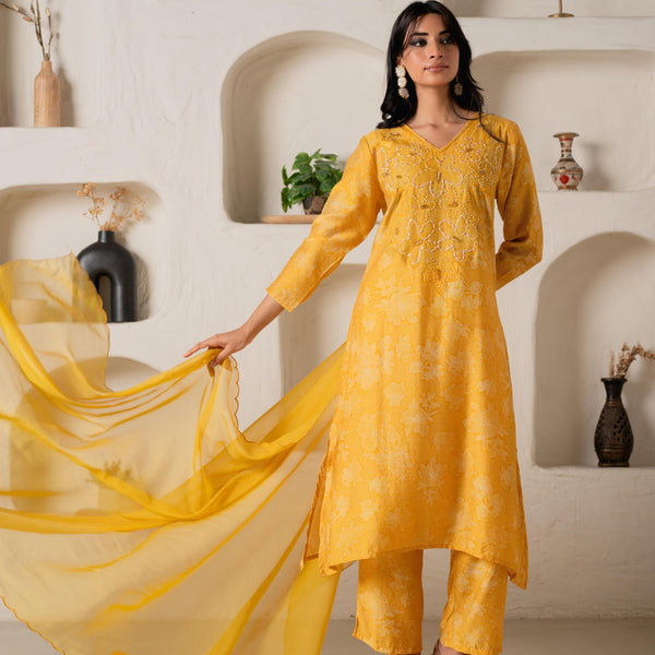 Juniper Mustard Floral Embellished A-Line Kurta Pant And Dupatta Set With Beads & Sequence Work