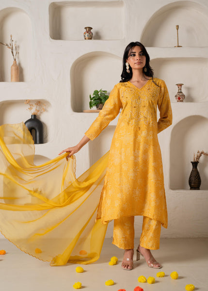 Juniper Mustard Floral Embellished A-Line Kurta Pant And Dupatta Set With Beads & Sequence Work