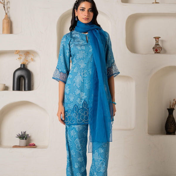 Juniper Blue Floral Embellished A-Line Kurta Pant And Dupatta Set With Beads & Sequence Work