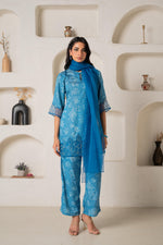 Thumbnail for Juniper Blue Floral Embellished A-Line Kurta Pant And Dupatta Set With Beads & Sequence Work