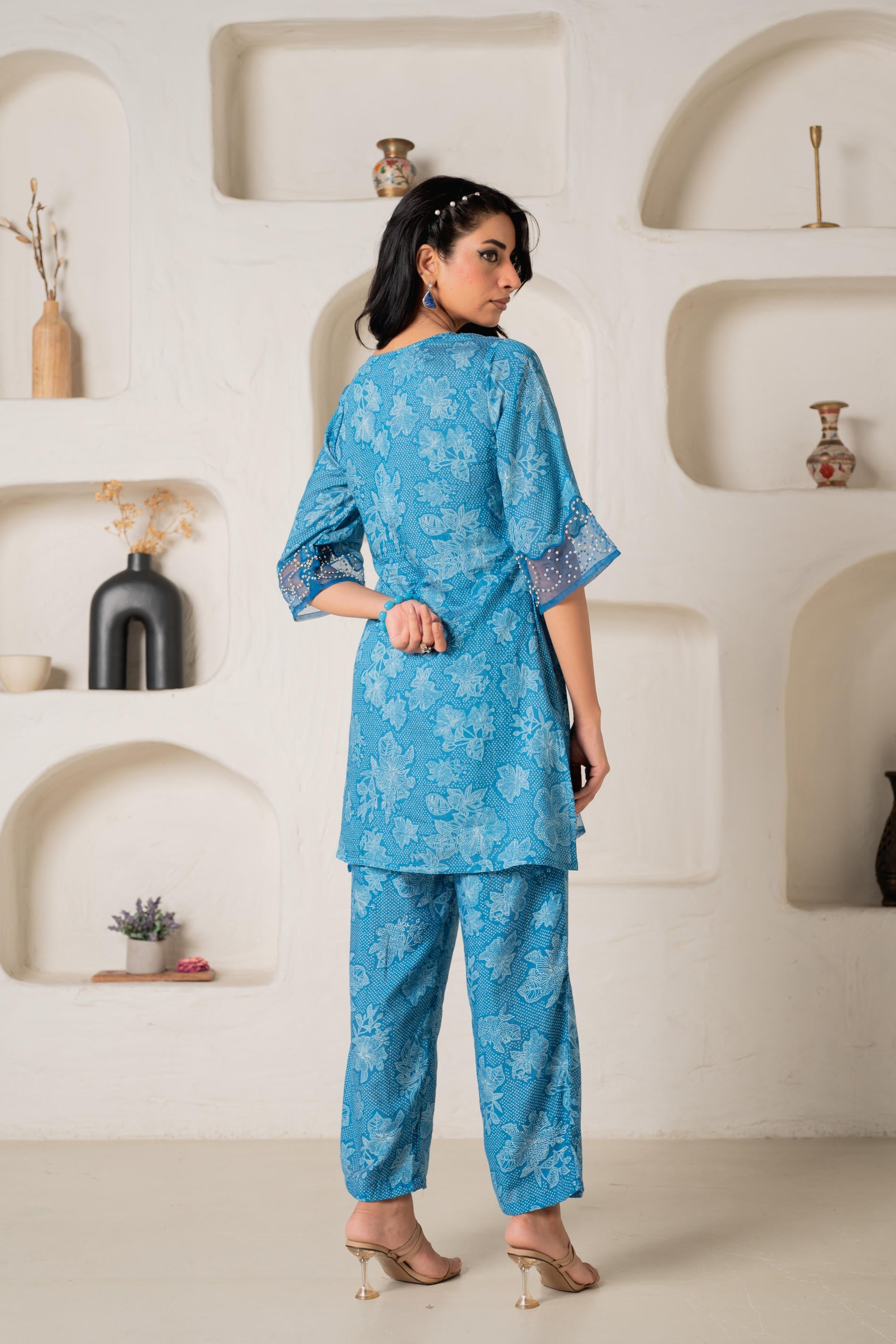Juniper Blue Floral Embellished A-Line Kurta Pant And Dupatta Set With Beads & Sequence Work