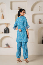 Thumbnail for Juniper Blue Floral Embellished A-Line Kurta Pant And Dupatta Set With Beads & Sequence Work