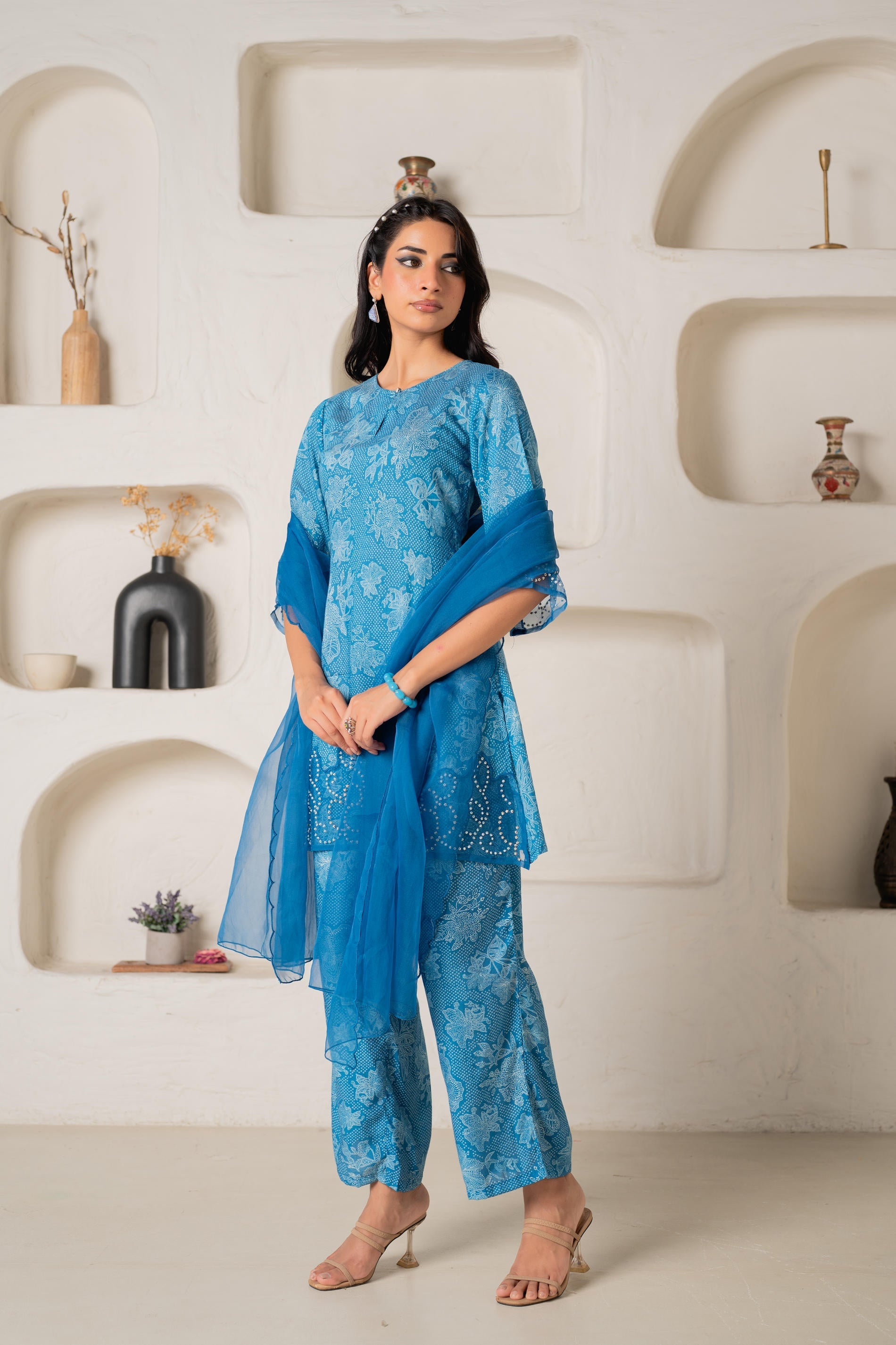 Juniper Blue Floral Embellished A-Line Kurta Pant And Dupatta Set With Beads & Sequence Work