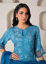 Thumbnail for Juniper Blue Floral Embellished A-Line Kurta Pant And Dupatta Set With Beads & Sequence Work