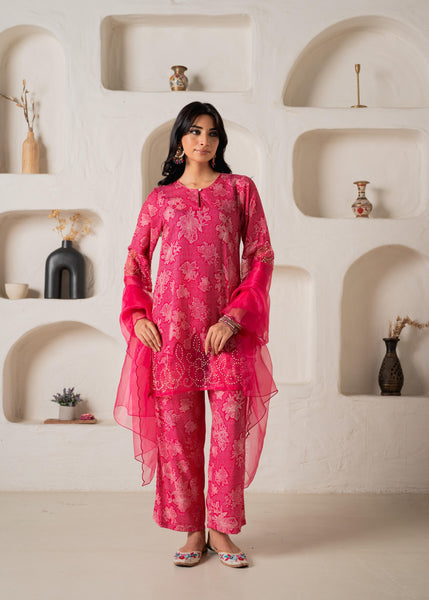 Juniper Fuchsia Floral Embellished A-Line Kurta Pant And Dupatta Set With Beads & Sequence Work