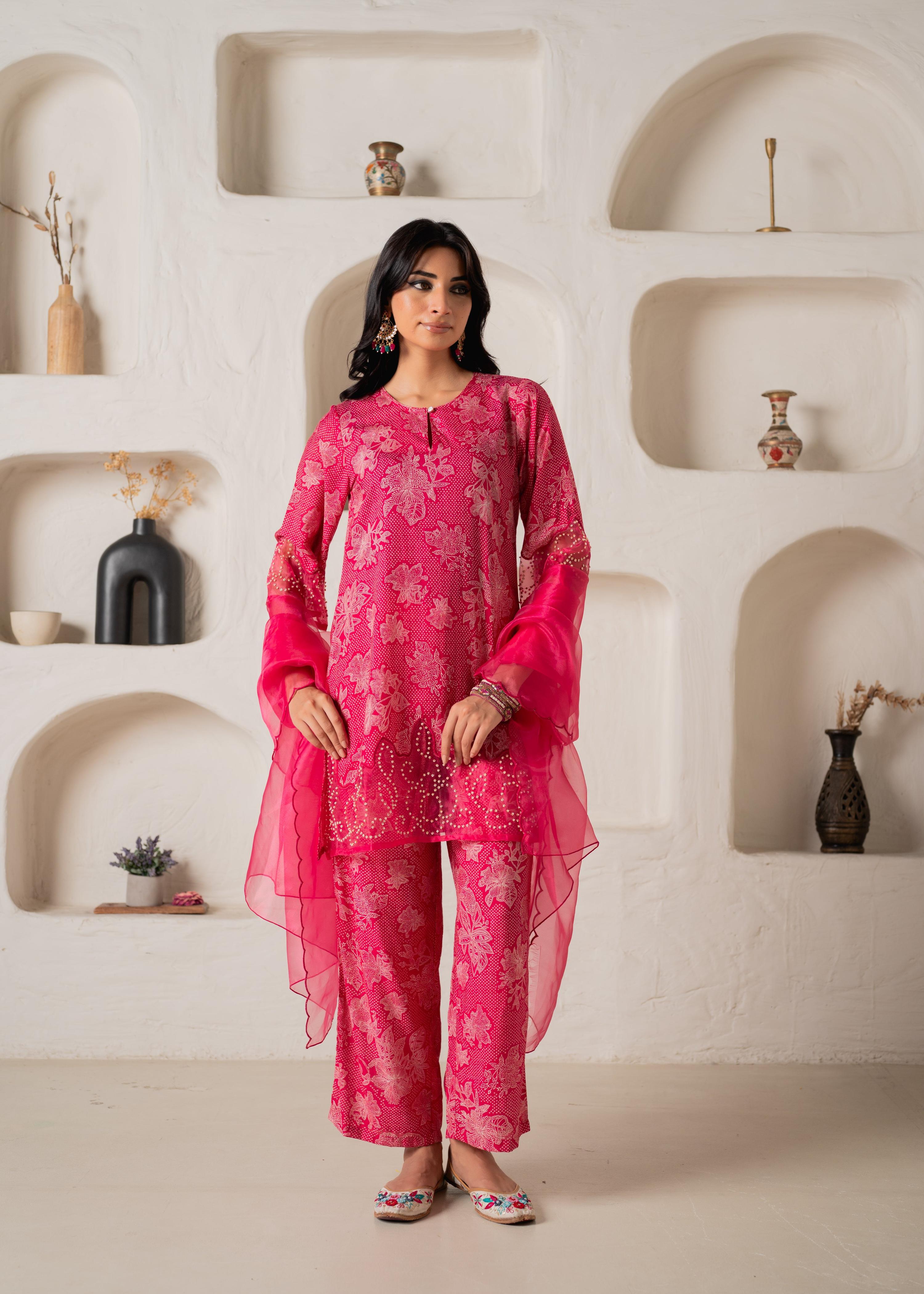 Juniper Pink Floral Embellished A-Line Kurta Pant And Dupatta Set With Beads & Sequence Work