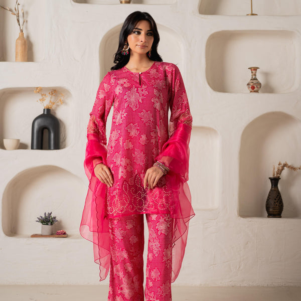 Juniper Pink Floral Embellished A-Line Kurta Pant And Dupatta Set With Beads & Sequence Work
