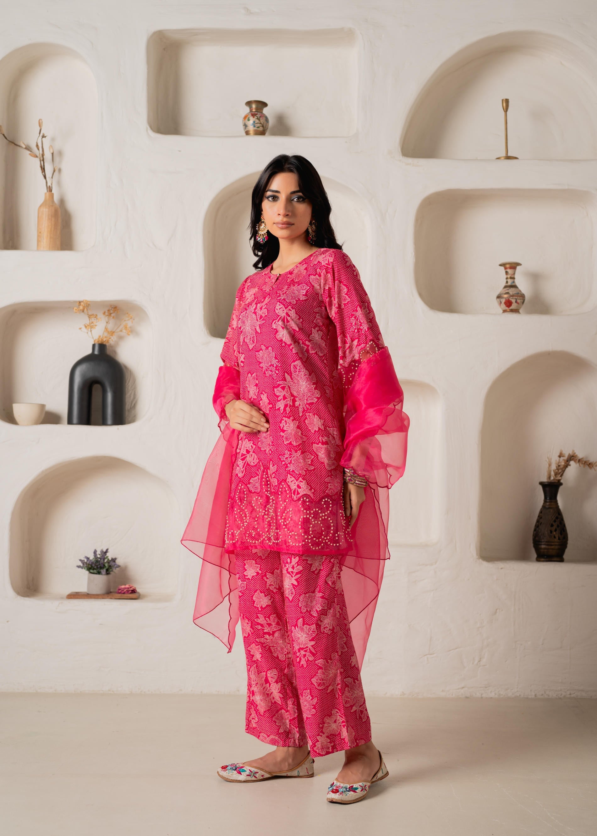 Juniper Fuchsia Floral Embellished A-Line Kurta Pant And Dupatta Set With Beads & Sequence Work