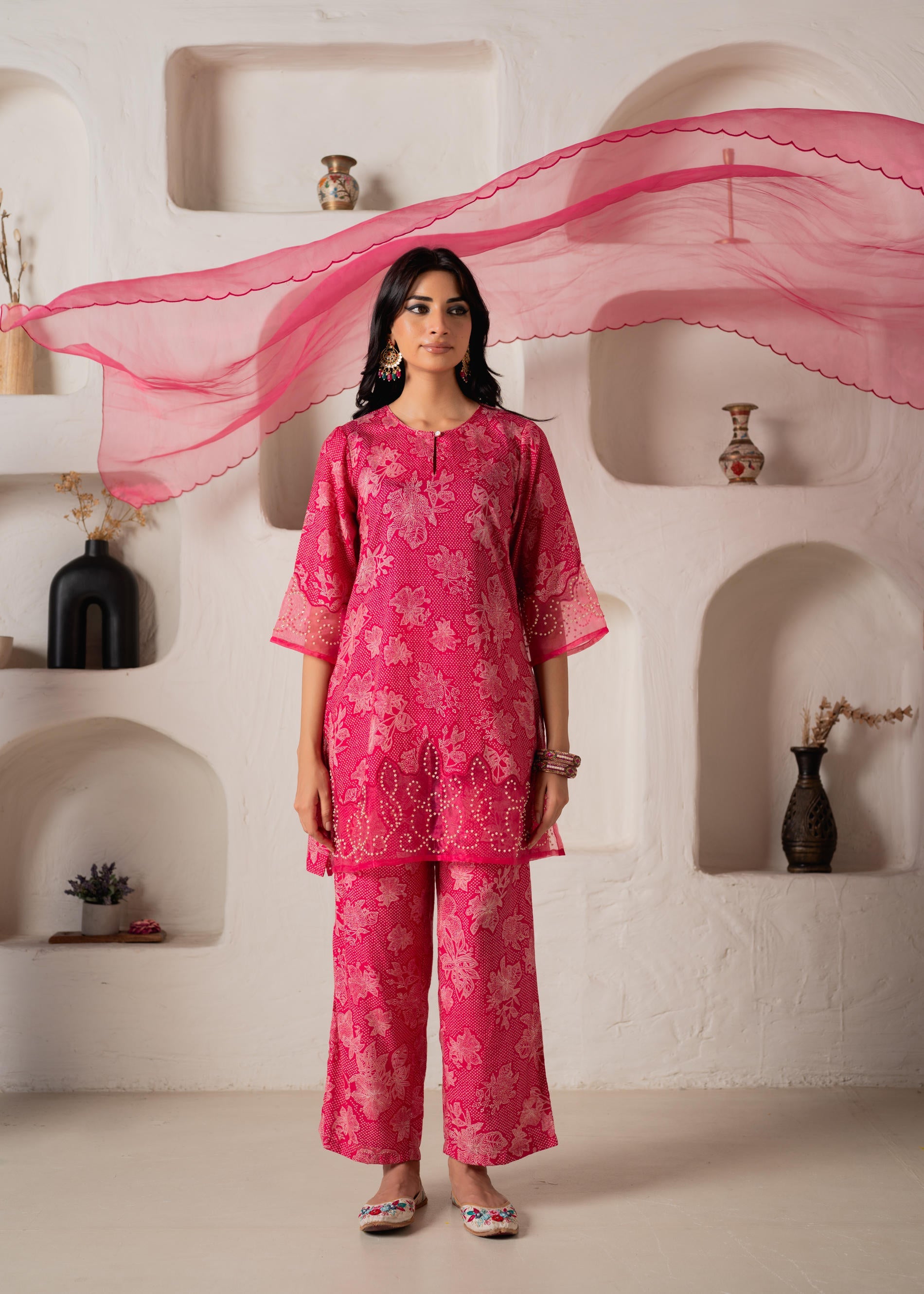 Juniper Fuchsia Floral Embellished A-Line Kurta Pant And Dupatta Set With Beads & Sequence Work