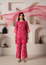 Thumbnail for Juniper Pink Floral Embellished A-Line Kurta Pant And Dupatta Set With Beads & Sequence Work