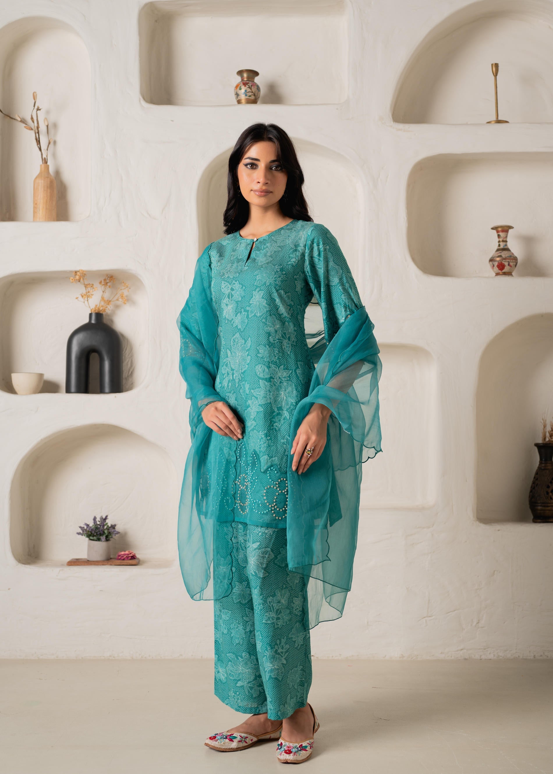 Juniper Green Floral Embellished A-Line Kurta Pant And Dupatta Set With Beads & Sequence Work