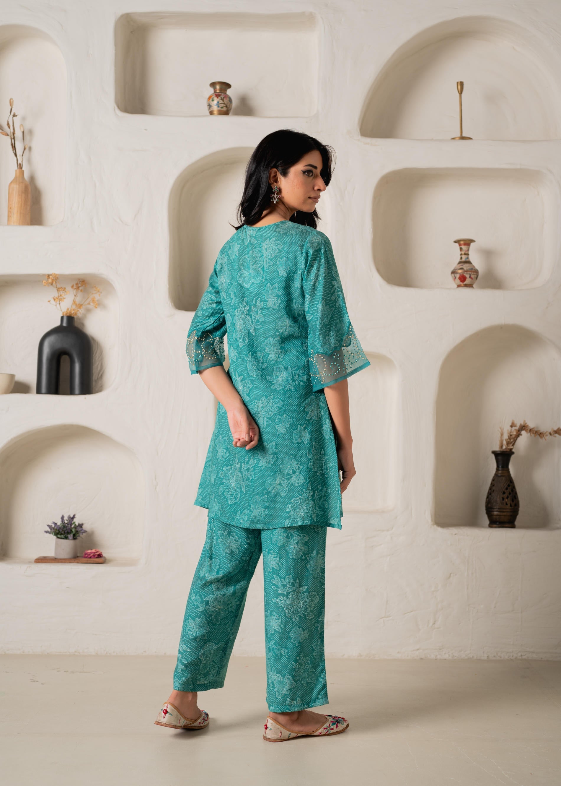 Juniper Green Floral Embellished A-Line Kurta Pant And Dupatta Set With Beads & Sequence Work