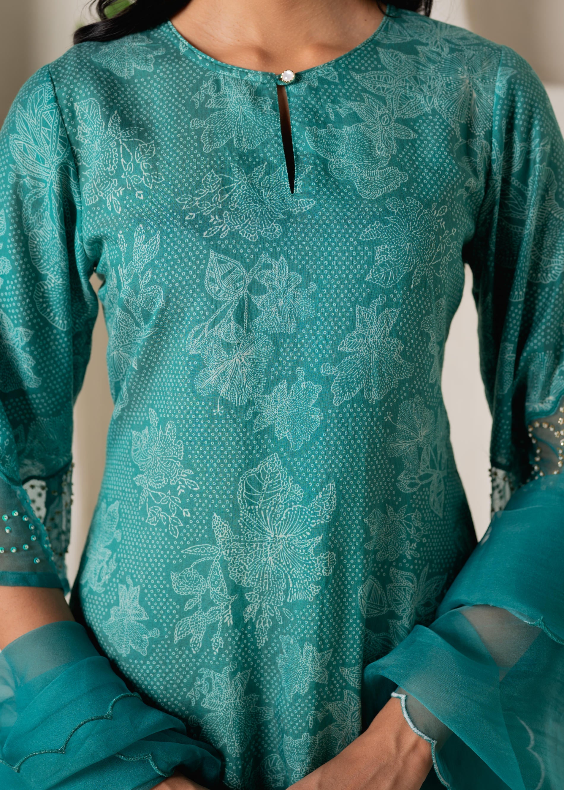 Juniper Green Floral Embellished A-Line Kurta Pant And Dupatta Set With Beads & Sequence Work
