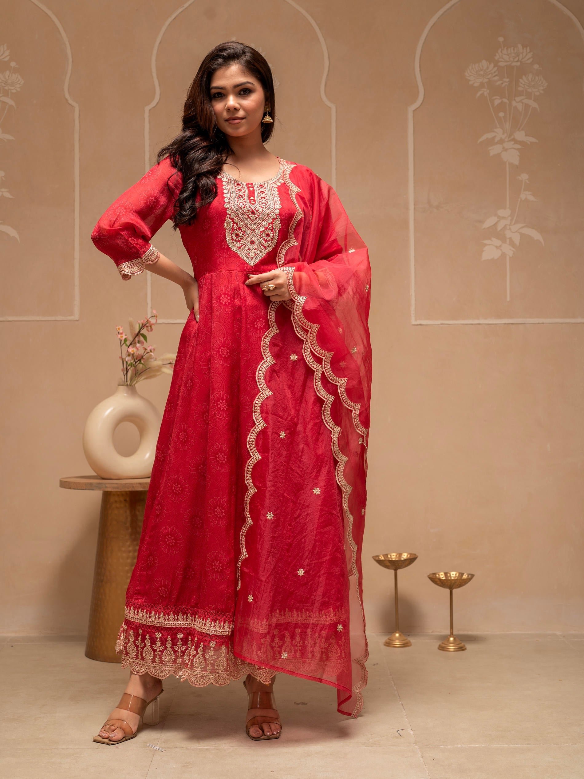 Juniper Red Floral Viscose Kurta, Pants And Dupatta Set With Mirror, Thread Work And Sequence
