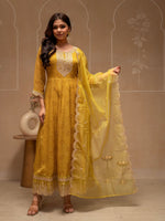 Thumbnail for Juniper Yellow Floral Viscose Kurta, Pants And Dupatta Set With Mirror, Thread Work And Sequence