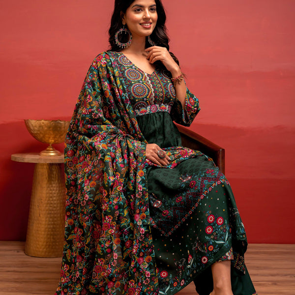Juniper Bottle Green Floral Viscose Kurta Pant Dupatta Set With Thread Work And Sequence