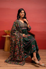 Thumbnail for Juniper Bottle Green Floral Viscose Kurta Pant Dupatta Set With Thread Work And Sequence
