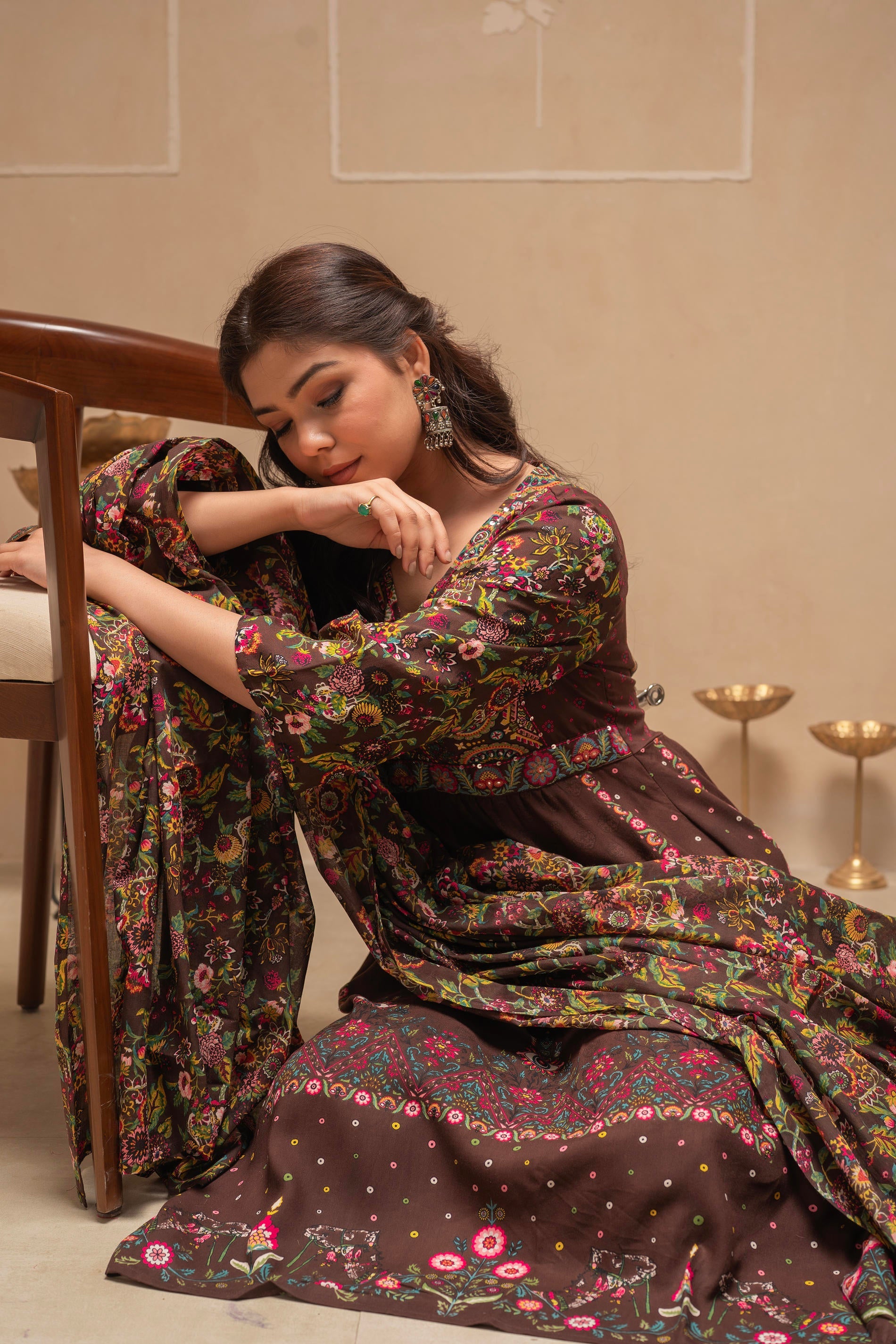 Juniper Brown Floral Viscose Kurta Pant Dupatta Set With Thread Work And Sequence