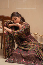 Thumbnail for Juniper Brown Floral Viscose Kurta Pant Dupatta Set With Thread Work And Sequence