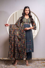 Thumbnail for Juniper Grey Floral Viscose Kurta Pant Dupatta Set With Thread Work And Sequence