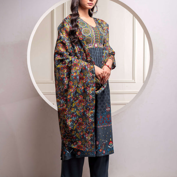 Juniper Grey Floral Viscose Kurta Pant Dupatta Set With Thread Work And Sequence