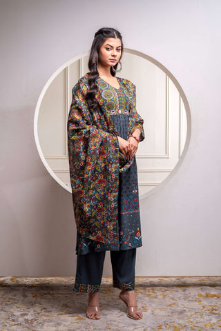 Juniper Grey Floral Viscose Kurta Pant Dupatta Set With Thread Work And Sequence