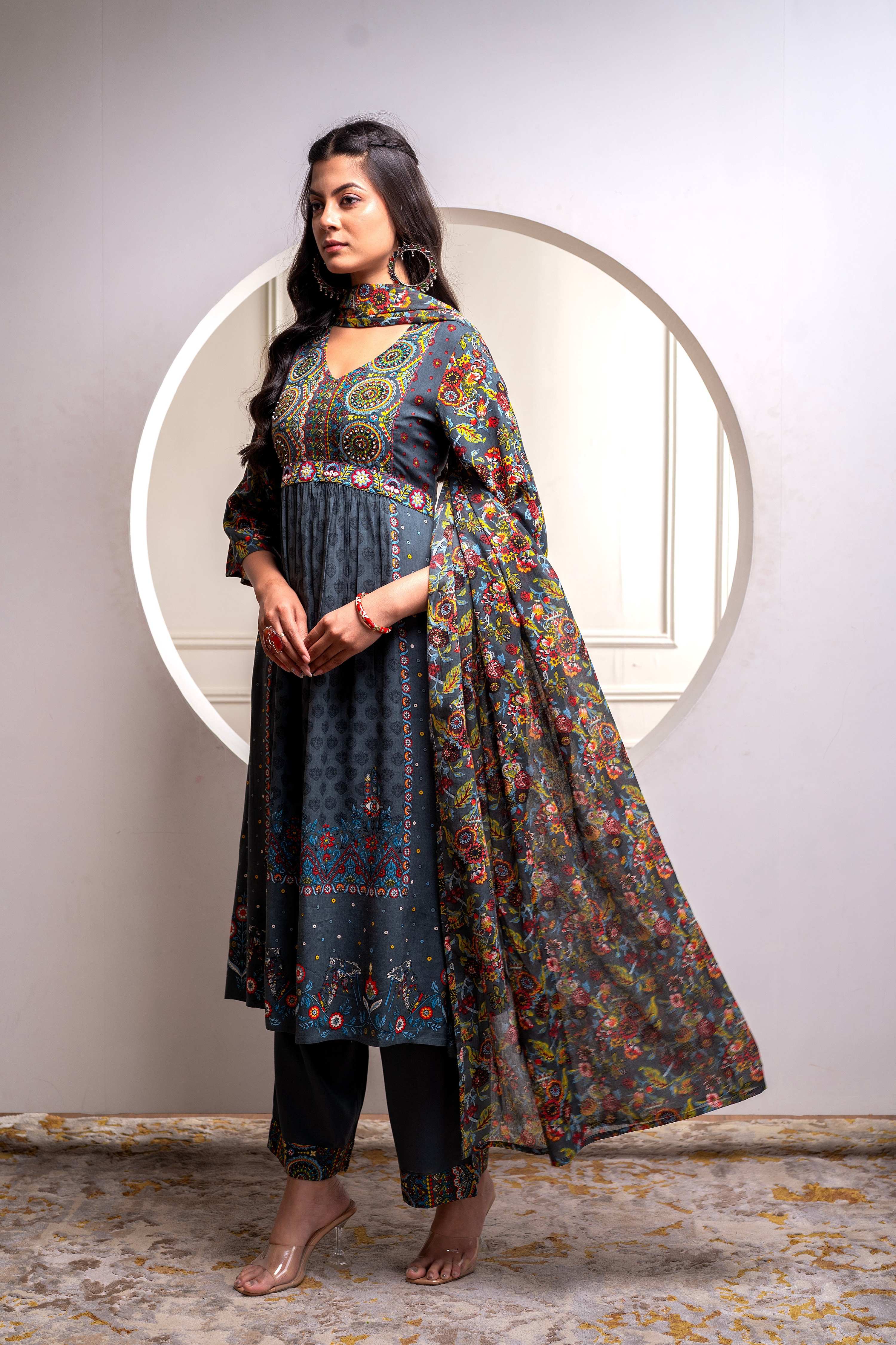 Juniper Grey Floral Viscose Kurta Pant Dupatta Set With Thread Work And Sequence