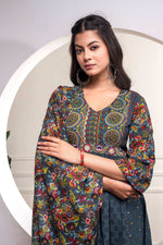 Thumbnail for Juniper Grey Floral Viscose Kurta Pant Dupatta Set With Thread Work And Sequence