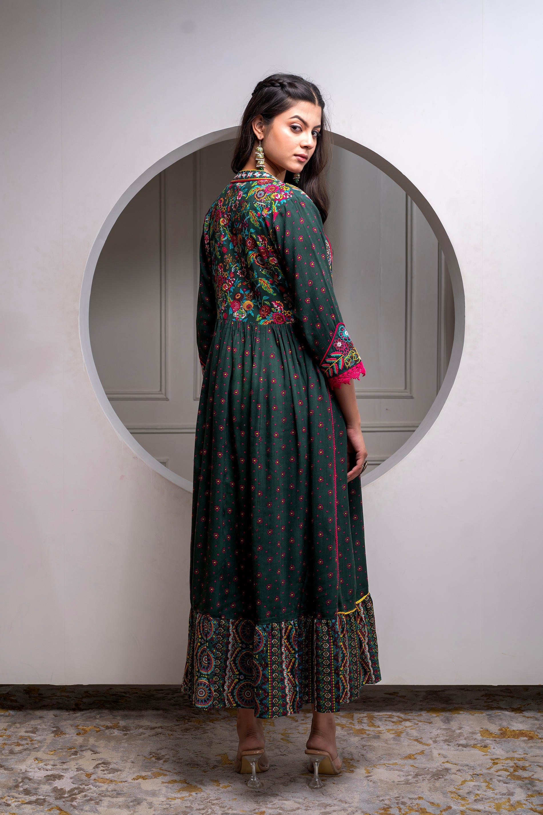 Juniper Viscose Bottle Green Embroidered Long Dress And Shrug Set With Thread, Mirror Work & Beads