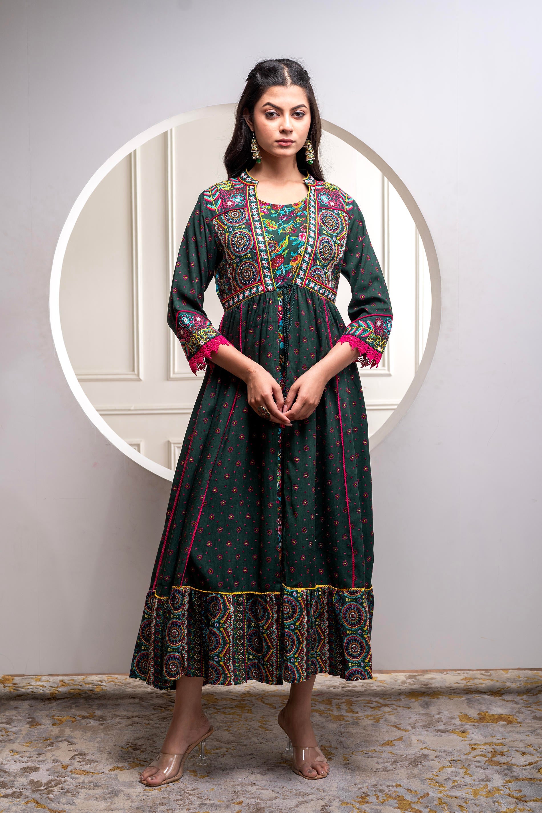 Buy Juniper Viscose Bottle Green Embroidered Long Dress And Shrug Set With Thread, Mirror Work & Beads Online at Low Prices - Indian Store Buy Juniper Viscose Bottle Green Embroidered Long Dress And Shrug Set With Thread, Mirror Work & Beads Online at Low Prices - Indian Store