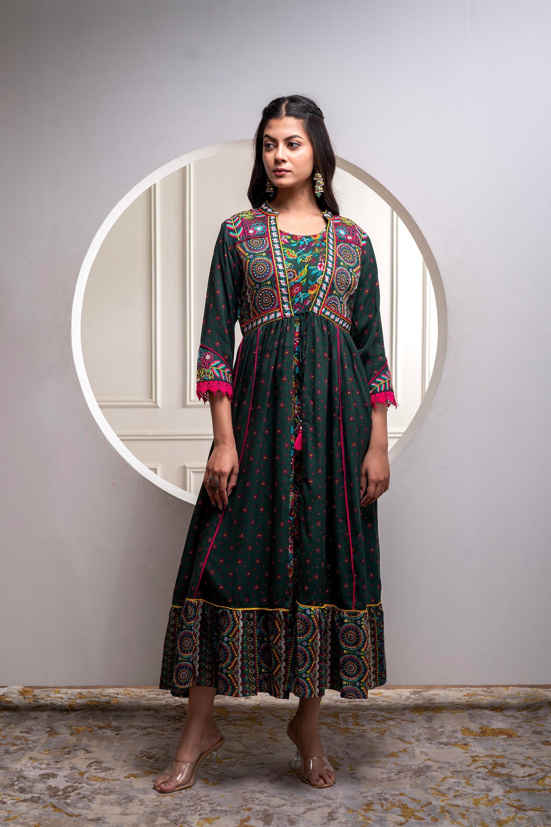 Juniper Viscose Bottle Green Embroidered Long Dress And Shrug Set With Thread, Mirror Work & Beads