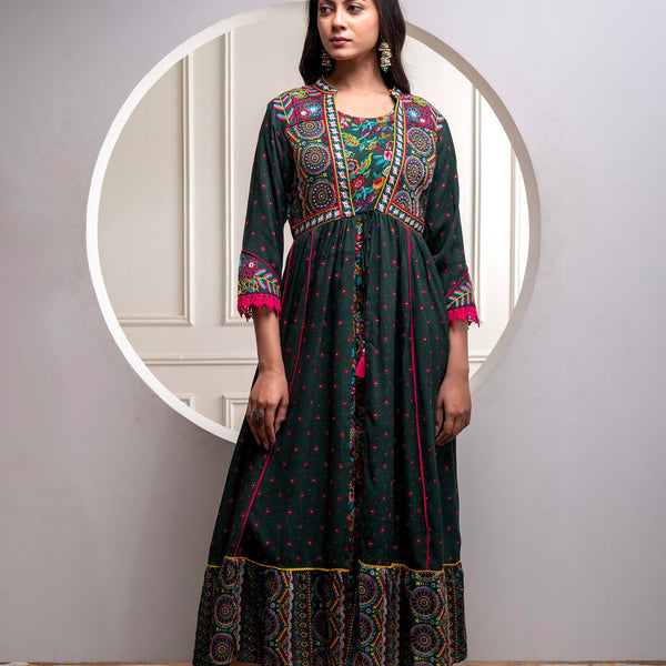 Juniper Viscose Bottle Green Embroidered Long Dress And Shrug Set With Thread, Mirror Work & Beads