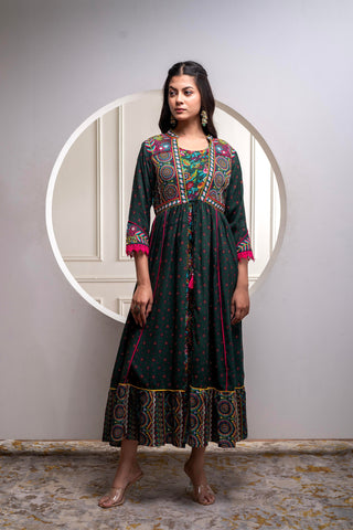 Juniper Viscose Bottle Green Embroidered Long Dress And Shrug Set With Thread, Mirror Work & Beads