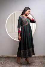 Thumbnail for Juniper Viscose Bottle Green Embroidered Long Dress And Shrug Set With Thread, Mirror Work & Beads