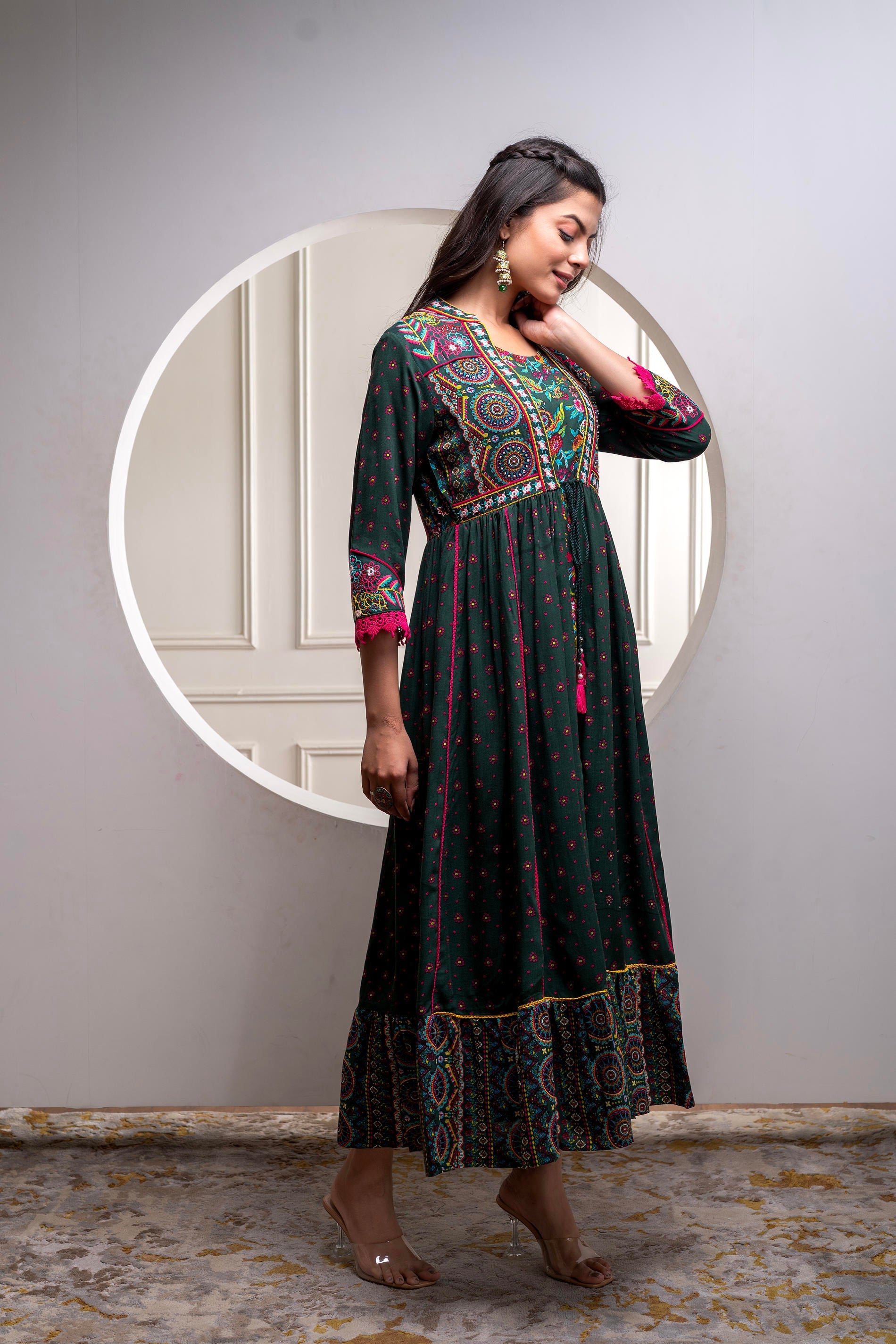 Juniper Viscose Bottle Green Embroidered Long Dress And Shrug Set With Thread, Mirror Work & Beads