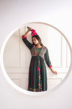 Thumbnail for Juniper Viscose Bottle Green Embroidered Long Dress And Shrug Set With Thread, Mirror Work & Beads