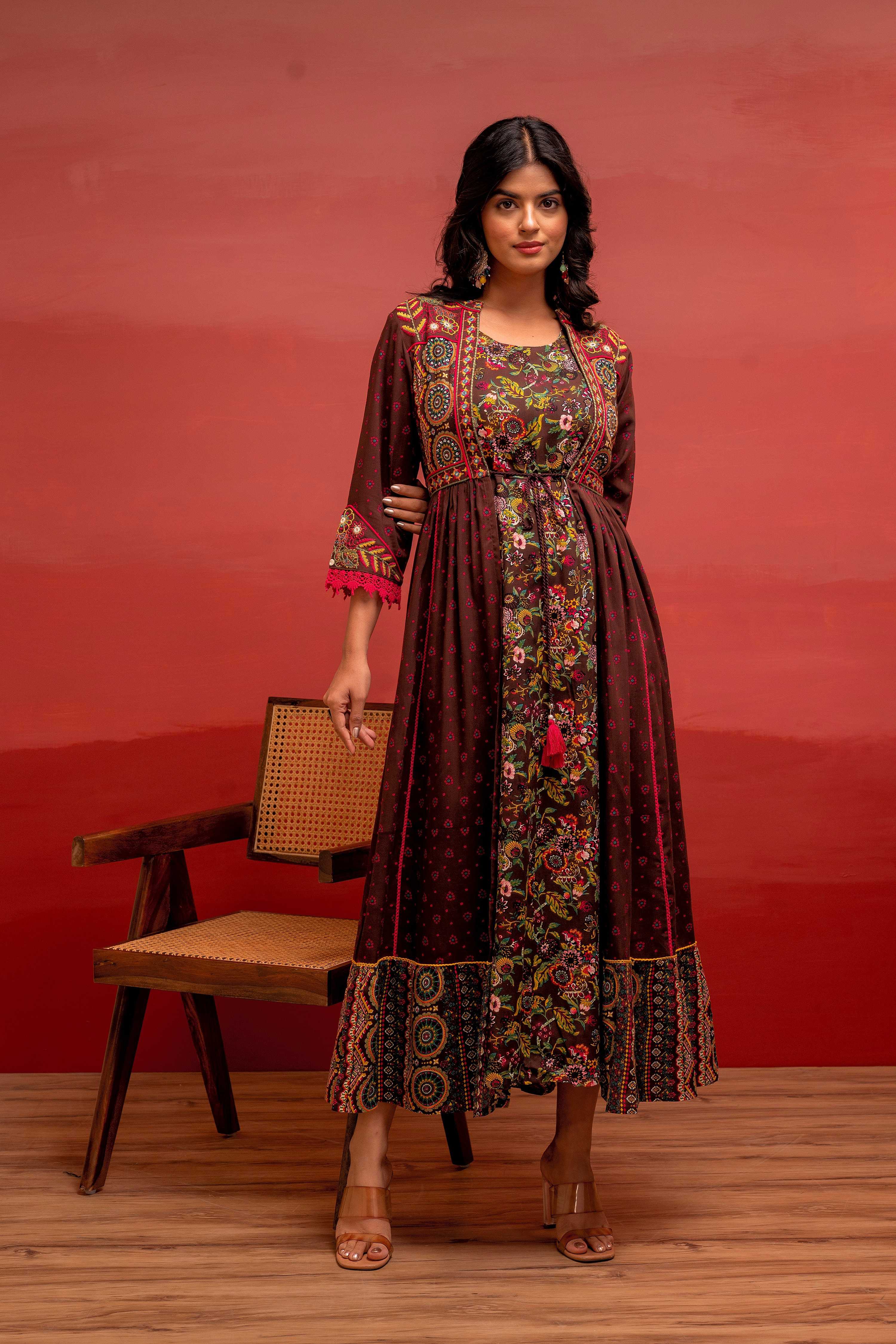 Buy Juniper Viscose Brown Embroidered Long Dress And Shrug Set With Thread, Mirror Work & Beads Online at Low Prices - Indian Store Buy Juniper Viscose Brown Embroidered Long Dress And Shrug Set With Thread, Mirror Work & Beads Online at Low Prices - Indian Store