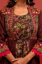 Thumbnail for Juniper Viscose Brown Embroidered Long Dress And Shrug Set With Thread, Mirror Work & Beads