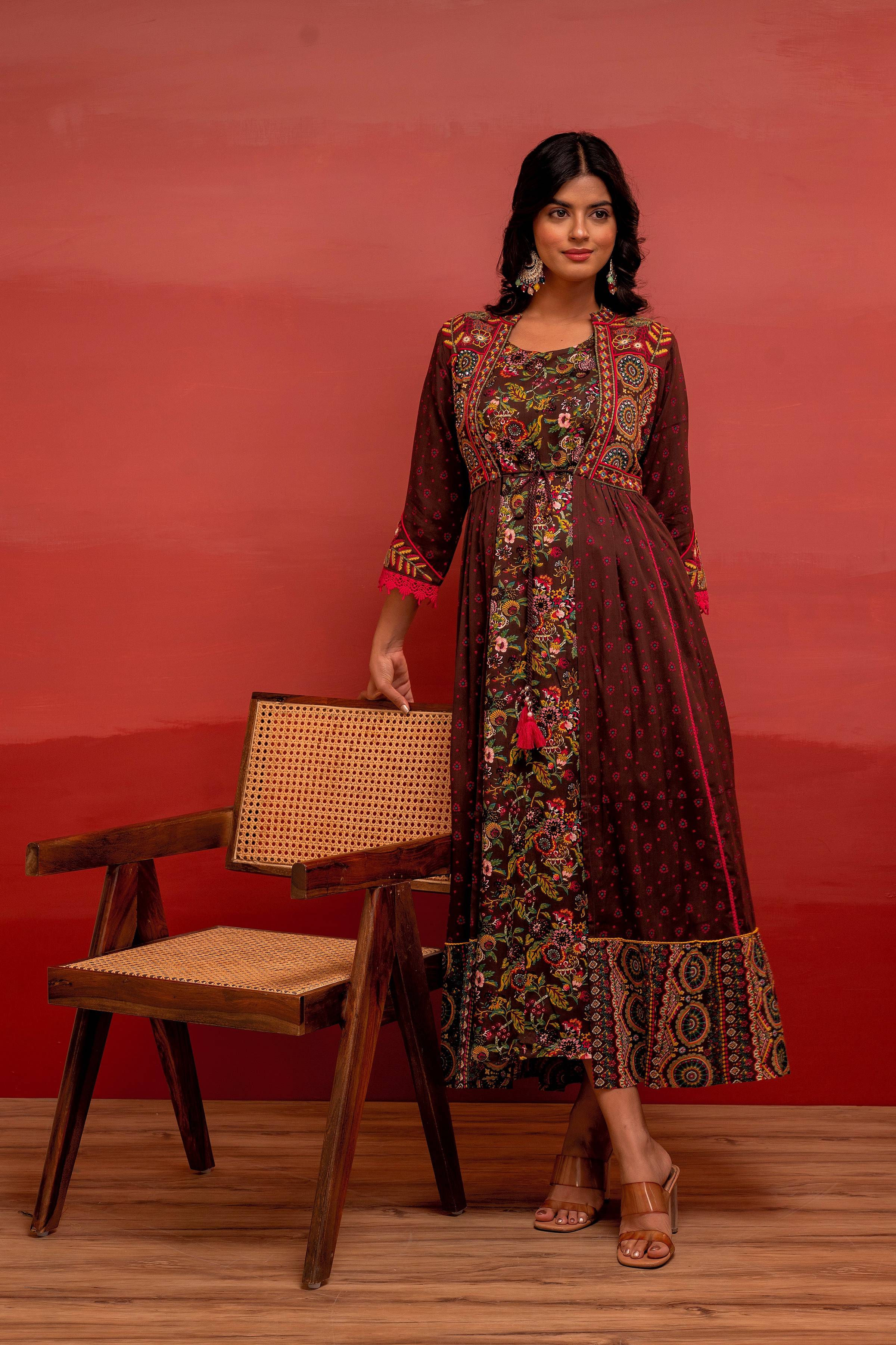Juniper Viscose Brown Embroidered Long Dress And Shrug Set With Thread, Mirror Work & Beads - Distacart