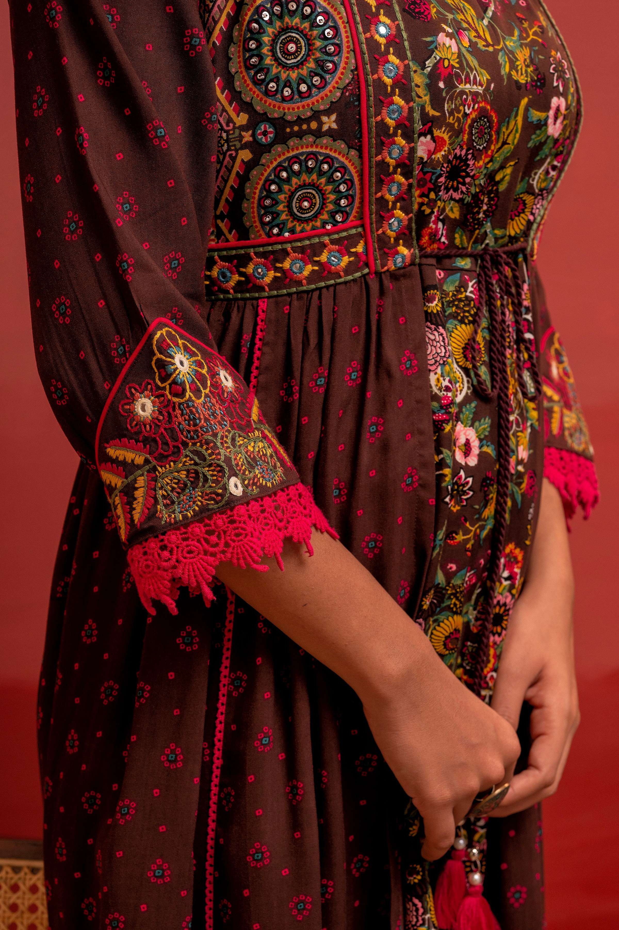 Juniper Viscose Brown Embroidered Long Dress And Shrug Set With Thread, Mirror Work & Beads