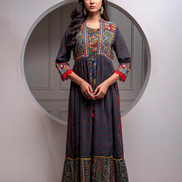 Juniper Viscose Grey Embroidered Long Dress And Shrug Set With Thread, Mirror Work & Beads