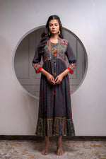 Thumbnail for Juniper Viscose Grey Embroidered Long Dress And Shrug Set With Thread, Mirror Work & Beads